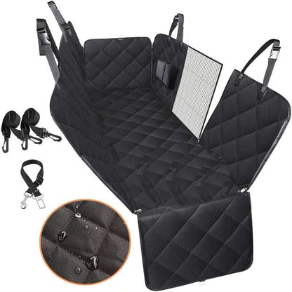 Black car bench seat cover with additional features on a white background