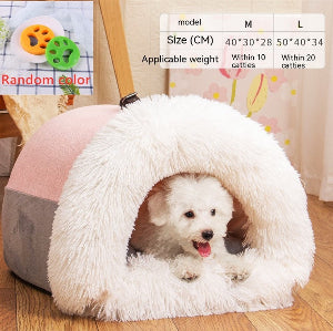 Fluffy pet bed with a small dog inside, on a wooden floor.