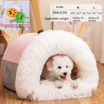 Fluffy pet bed with a small dog inside, on a wooden floor.