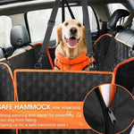 Dog in an orange harness sitting in a car with a black and orange safety hammock.