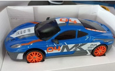 Model car with blue and orange design on a white background