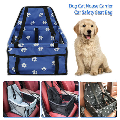 Dog and cat house carrier car safety seat bag with paw pattern, shown with a dog and in car seats.