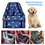 Dog and cat house carrier car safety seat bag with paw pattern, shown with a dog and in car seats.