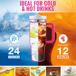 Insulated tumbler with pink handle shown with cold and hot beverage illustrations, text indicating temperature durability.
