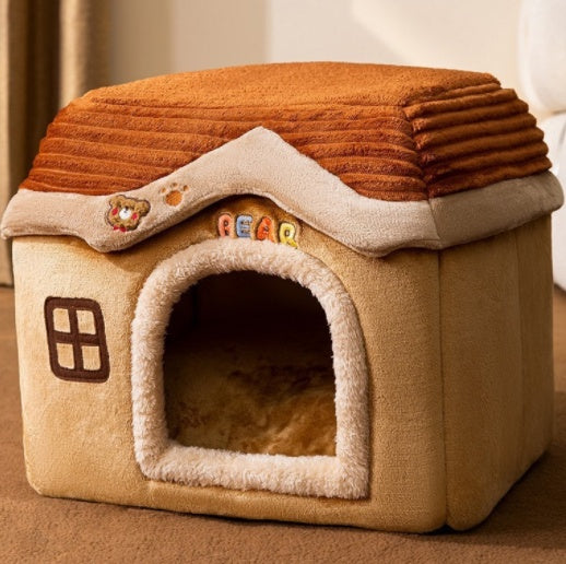 Pet house with a brown roof and beige body on a neutral background