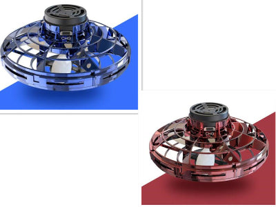 Two views of a blue and red handheld drone on a white background