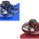 Two views of a blue and red handheld drone on a white background