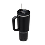 Black insulated mug with handle and straw on a white background