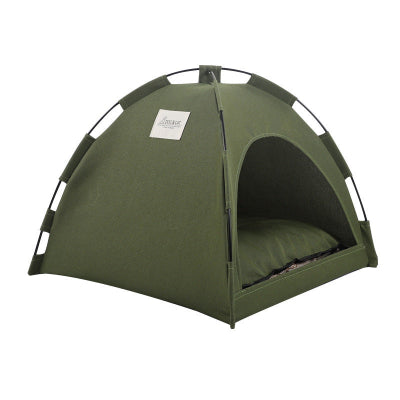 Green tent with a small opening on a white background