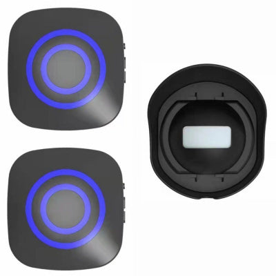 Two black square devices with blue circular lights and a circular component on a white background.