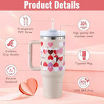Tumbler with heart pattern on a pink background with product details.