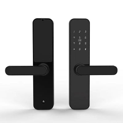 Black digital door handle with keypad on a white background