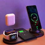 Wireless charging station with smartphone, smartwatch, and airpods on a purple background