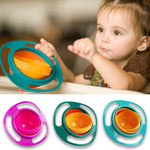 Child using a colorful spin bowl with additional images of the product on a white background.